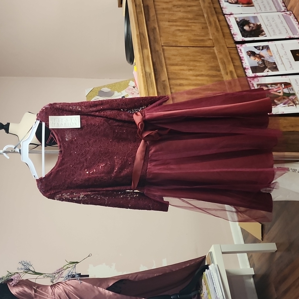 New Burgundy Ladies 3X Lace Long Sleeve and Tulle Bottom Cocktail Short Dress